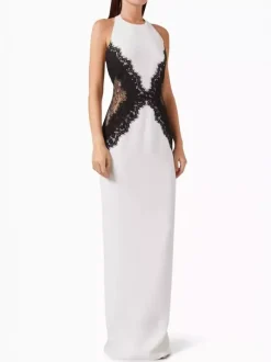 Halter Neck Lace Patchwork Contrast Color Sleeveless Maxi Dress For Women 2026