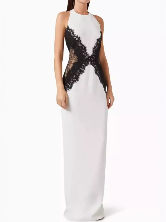 Halter Neck Lace Patchwork Contrast Color Sleeveless Maxi Dress For Women 2026