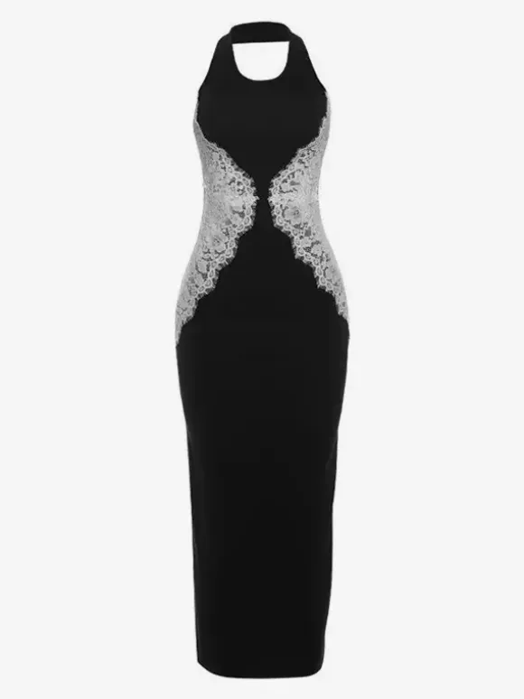 Halter Neck Lace Patchwork Contrast Color Sleeveless Maxi Dress For Women 2026