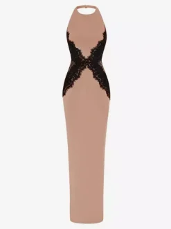 Halter Neck Lace Patchwork Contrast Color Sleeveless Maxi Dress For Women 2026