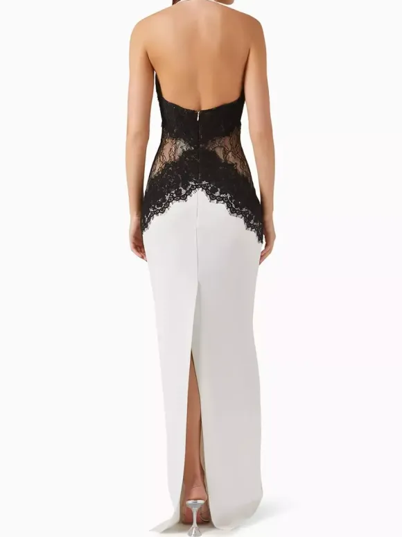 Halter Neck Lace Patchwork Contrast Color Sleeveless Maxi Dress For Women 2026
