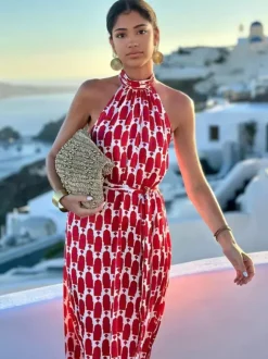 Halter Neck Maxi Dress for Women - Geometric Print Boho Side Slit Flowy Sleeveless Sundress - Summer Beach Resort 2026