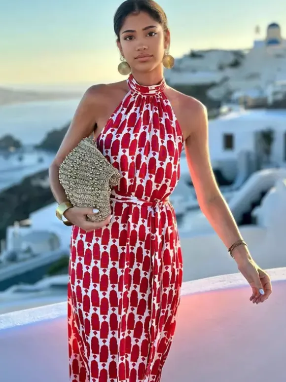 Halter Neck Maxi Dress for Women - Geometric Print Boho Side Slit Flowy Sleeveless Sundress - Summer Beach Resort 2026