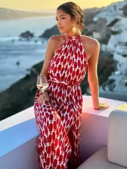 Halter Neck Maxi Dress for Women - Geometric Print Boho Side Slit Flowy Sleeveless Sundress - Summer Beach Resort 2026