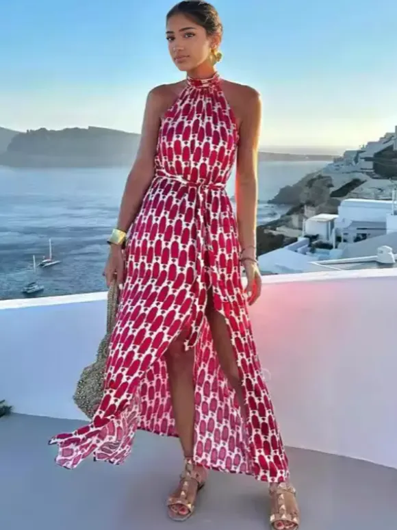 Halter Neck Maxi Dress for Women - Geometric Print Boho Side Slit Flowy Sleeveless Sundress - Summer Beach Resort 2026