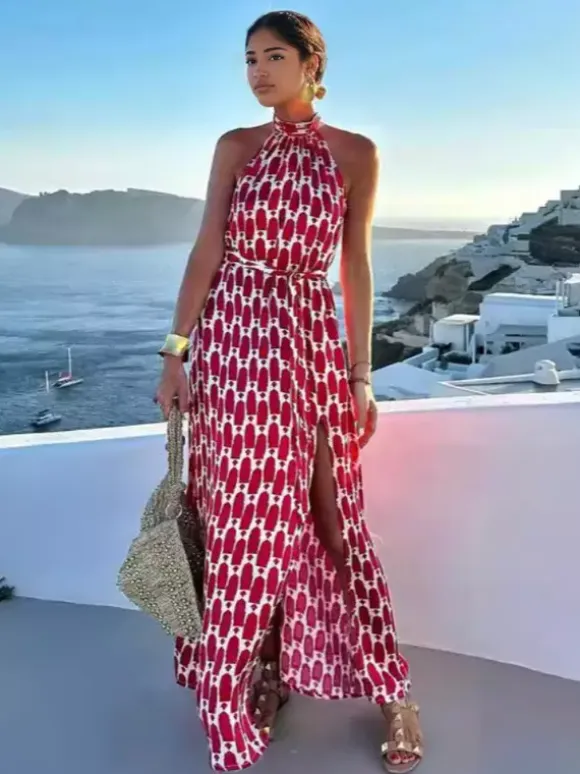 Halter Neck Maxi Dress for Women - Geometric Print Boho Side Slit Flowy Sleeveless Sundress - Summer Beach Resort 2026