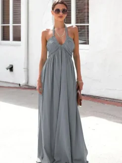 Halter Neck Maxi Dress for Women - Boho V Neck Ruched Flowy Backless Sun Dress - Summer Beach Party 2026