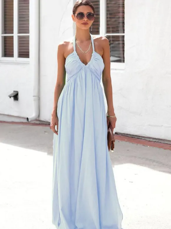 Halter Neck Maxi Dress for Women - Boho V Neck Ruched Flowy Backless Sun Dress - Summer Beach Party 2026