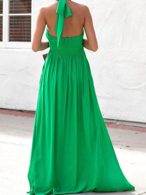 Halter Neck Maxi Dress for Women - Boho V Neck Ruched Flowy Backless Sun Dress - Summer Beach Party 2026