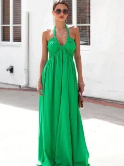 Halter Neck Maxi Dress for Women - Boho V Neck Ruched Flowy Backless Sun Dress - Summer Beach Party 2026