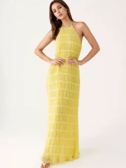 Halter Neck Pleated Maxi Dress for Women - Boho Ruched Backless Sleeveless Tiered Long Sundress - Summer Beach Event 2026
