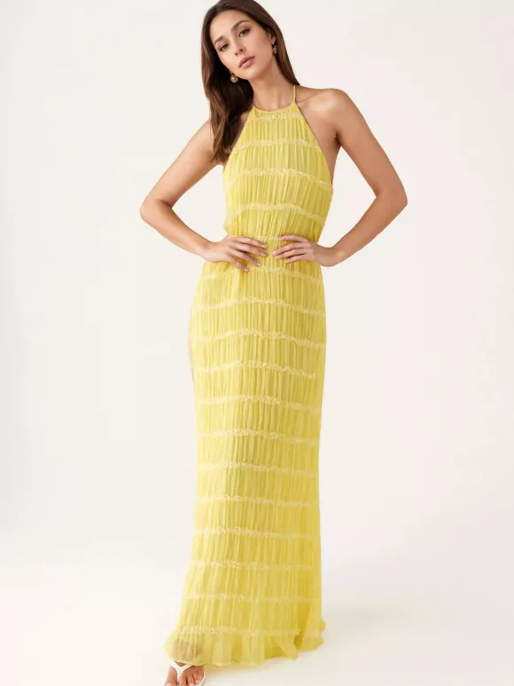 Halter Neck Pleated Maxi Dress for Women - Boho Ruched Backless Sleeveless Tiered Long Sundress - Summer Beach Event 2026