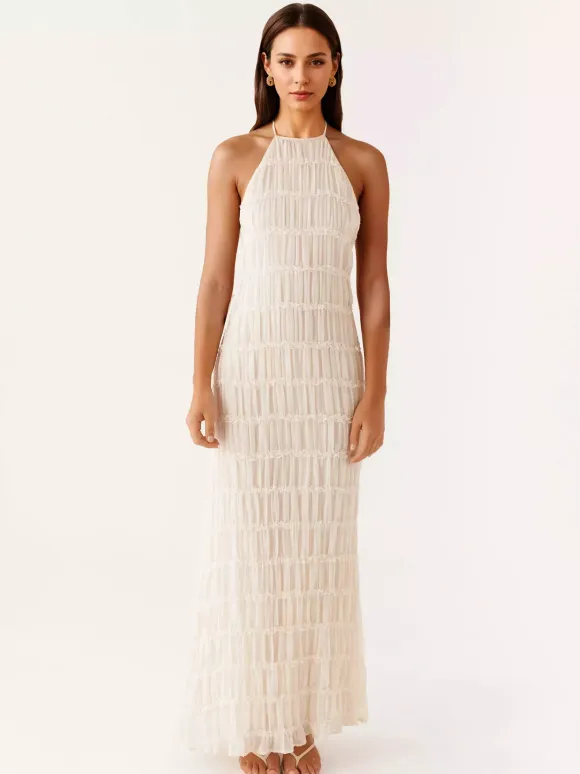 Halter Neck Pleated Maxi Dress for Women - Boho Ruched Backless Sleeveless Tiered Long Sundress - Summer Beach Event 2026