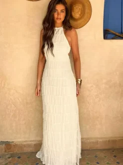 Halter Neck Pleated Maxi Dress for Women - Boho Ruched Backless Sleeveless Tiered Long Sundress - Summer Beach Event 2026
