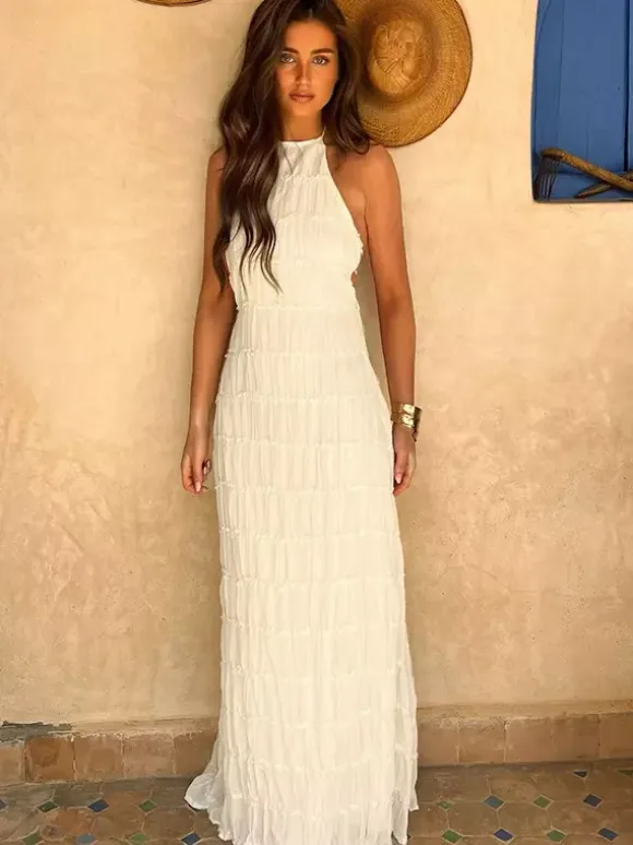 Halter Neck Pleated Maxi Dress for Women - Boho Ruched Backless Sleeveless Tiered Long Sundress - Summer Beach Event 2026