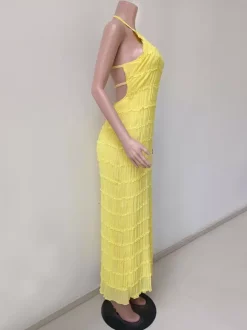 Halter Neck Pleated Maxi Dress for Women - Boho Ruched Backless Sleeveless Tiered Long Sundress - Summer Beach Event 2026