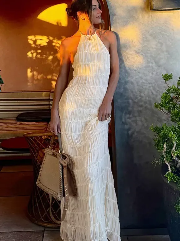 Halter Neck Pleated Maxi Dress for Women - Boho Ruched Backless Sleeveless Tiered Long Sundress - Summer Beach Event 2026
