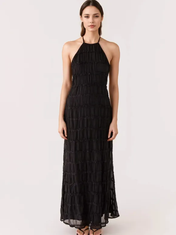 Halter Neck Pleated Maxi Dress for Women - Boho Ruched Backless Sleeveless Tiered Long Sundress - Summer Beach Event 2026