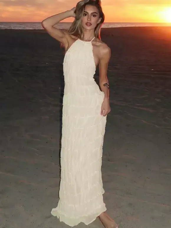 Halter Neck Pleated Maxi Dress for Women - Boho Ruched Backless Sleeveless Tiered Long Sundress - Summer Beach Event 2026