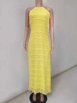 Halter Neck Pleated Maxi Dress for Women - Boho Ruched Backless Sleeveless Tiered Long Sundress - Summer Beach Event 2026