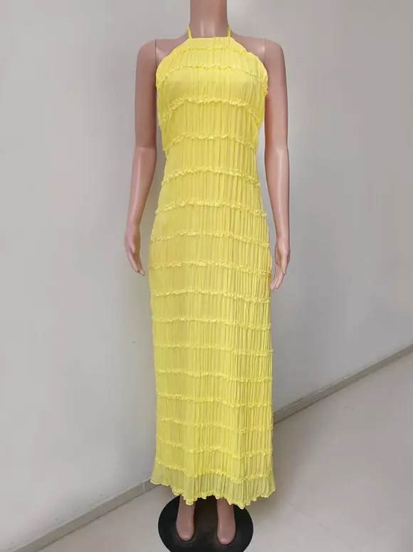 Halter Neck Pleated Maxi Dress for Women - Boho Ruched Backless Sleeveless Tiered Long Sundress - Summer Beach Event 2026