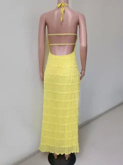 Halter Neck Pleated Maxi Dress for Women - Boho Ruched Backless Sleeveless Tiered Long Sundress - Summer Beach Event 2026