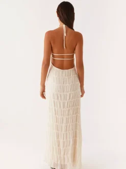 Halter Neck Pleated Maxi Dress for Women - Boho Ruched Backless Sleeveless Tiered Long Sundress - Summer Beach Event 2026