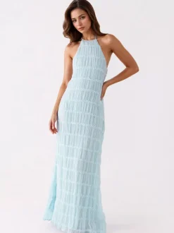 Halter Neck Pleated Maxi Dress for Women - Boho Ruched Backless Sleeveless Tiered Long Sundress - Summer Beach Event 2026