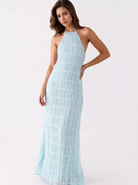 Halter Neck Pleated Maxi Dress for Women - Boho Ruched Backless Sleeveless Tiered Long Sundress - Summer Beach Event 2026