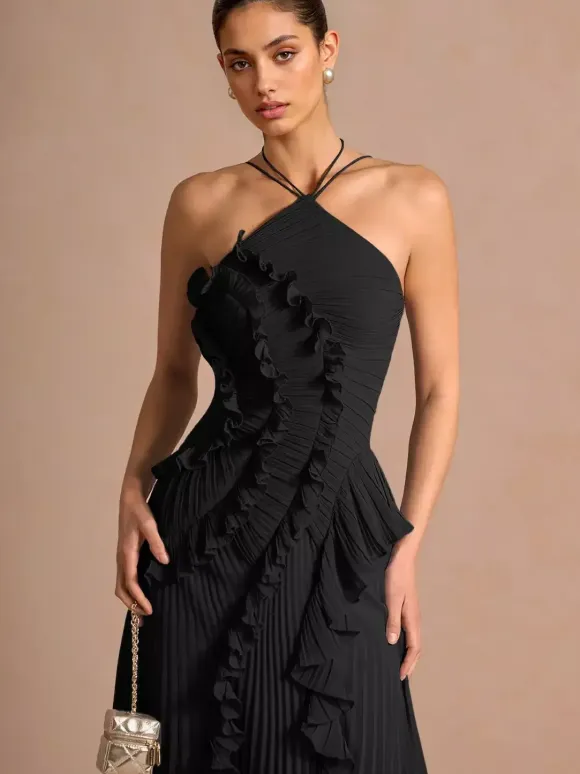 Halter Neck Ruffled Chiffon Maxi Gown With Irregular Hem For Special Events 2026