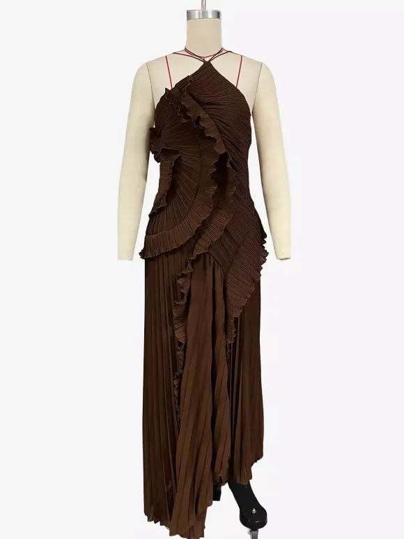 Halter Neck Ruffled Chiffon Maxi Gown With Irregular Hem For Special Events 2026