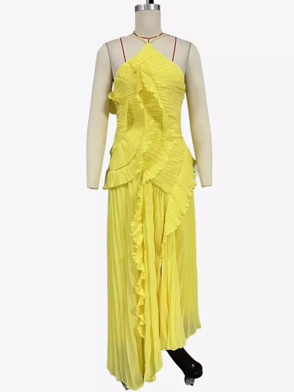 Halter Neck Ruffled Chiffon Maxi Gown With Irregular Hem For Special Events 2026