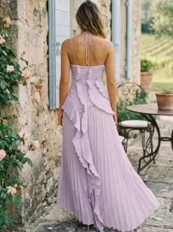 Halter Neck Ruffled Chiffon Maxi Gown With Irregular Hem For Special Events 2026