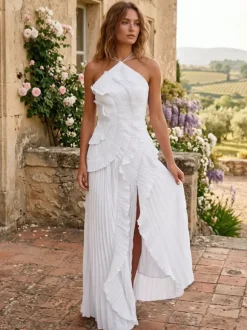 Halter Neck Ruffled Chiffon Maxi Gown With Irregular Hem For Special Events 2026