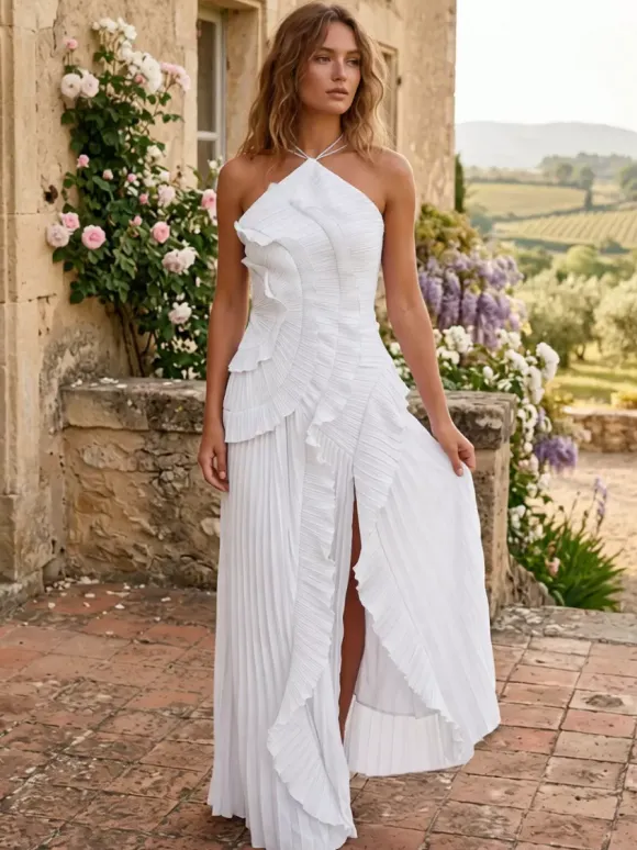 Halter Neck Ruffled Chiffon Maxi Gown With Irregular Hem For Special Events 2026