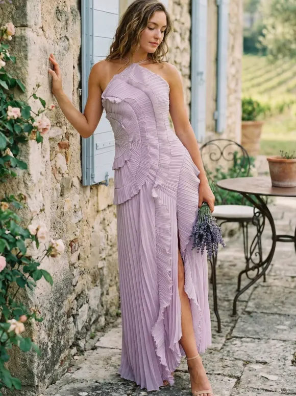 Halter Neck Ruffled Chiffon Maxi Gown With Irregular Hem For Special Events 2026