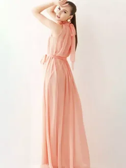 Halter Sundress Jewel Neck Lace Up Chiffon Beach Prom Maxi Dresses