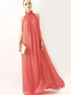 Halter Sundress Jewel Neck Lace Up Chiffon Beach Prom Maxi Dresses