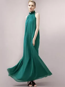 Halter Sundress Jewel Neck Lace Up Chiffon Beach Prom Maxi Dresses