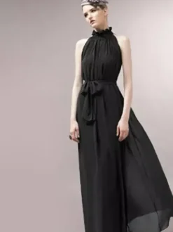 Halter Sundress Jewel Neck Lace Up Chiffon Beach Prom Maxi Dresses