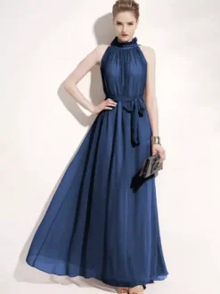 Halter Sundress Jewel Neck Lace Up Chiffon Beach Prom Maxi Dresses