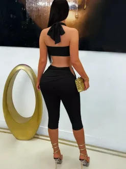 Halter Twist Cutout Crop Top Ruched Capri Pants 2 Piece Set