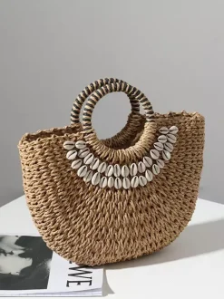 Hand-held Straw Bag With Shell Semi-circular Beach Bag For Women 2026