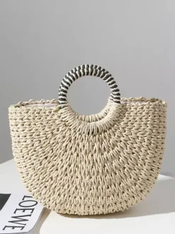 Hand-held Straw Bag With Shell Semi-circular Beach Bag For Women 2026