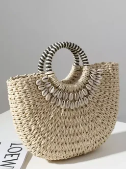 Hand-held Straw Bag With Shell Semi-circular Beach Bag For Women 2026