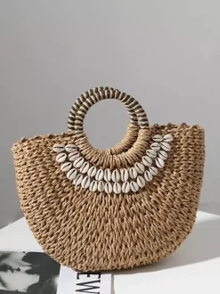 Hand-held Straw Bag With Shell Semi-circular Beach Bag For Women 2026