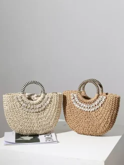 Hand-held Straw Bag With Shell Semi-circular Beach Bag For Women 2026