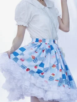 Harajuku Fashion Lolita SK Floral Print Light Sky Blue Ruffles Lolita Skirts