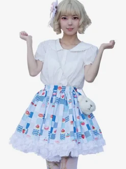 Harajuku Fashion Lolita SK Floral Print Light Sky Blue Ruffles Lolita Skirts