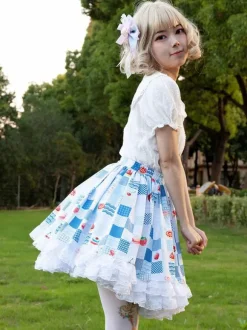 Harajuku Fashion Lolita SK Floral Print Light Sky Blue Ruffles Lolita Skirts